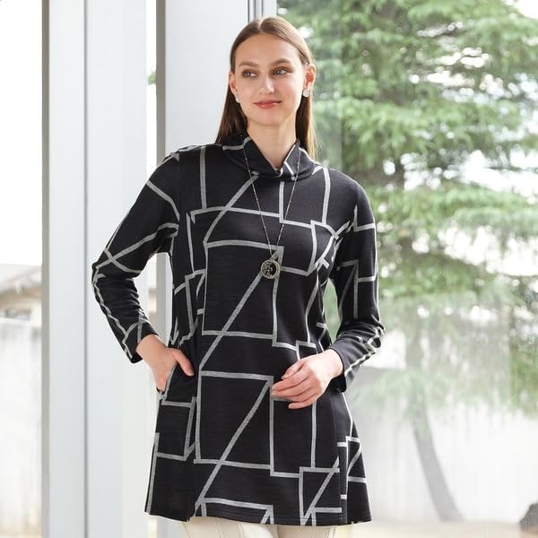 リリアンビューティ] 裏起毛幾何柄チュニック ブルー M | Tシャツ